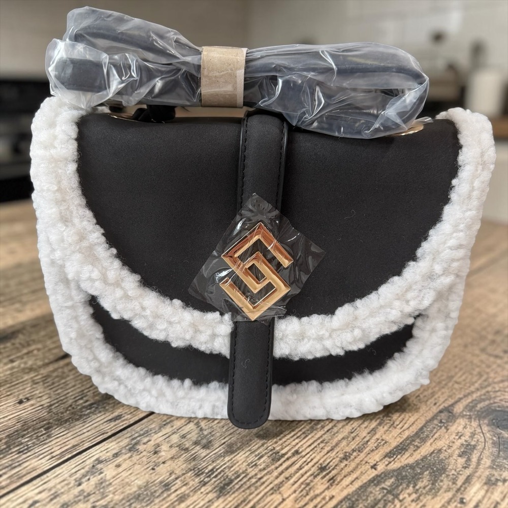 NWT Scarleton Black Sherpa Trim Crossbody Purse Flap Handbag Cozy Winter Chic